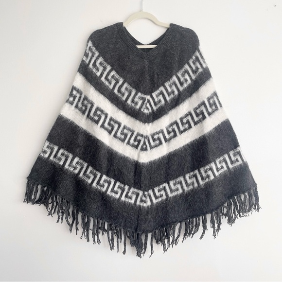 Gamboa Sweaters - Gamboa Alpaca Southwestern Fringed Poncho Aztec sweater tribal boho Gray white